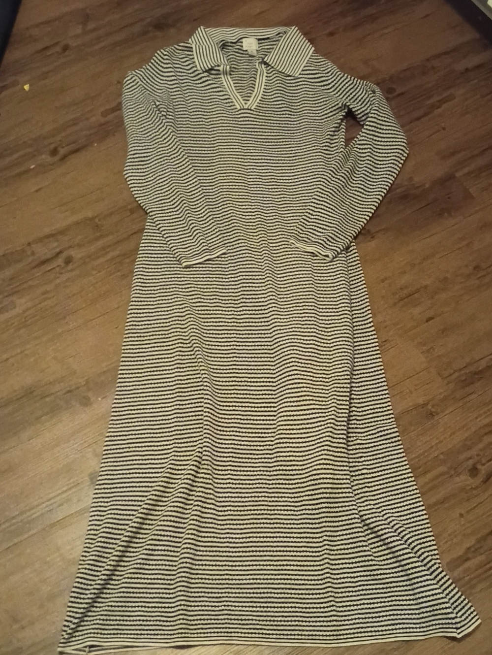 "A New Day" Striped Long Sleeve Polo Knit Dress - Black & White Size M